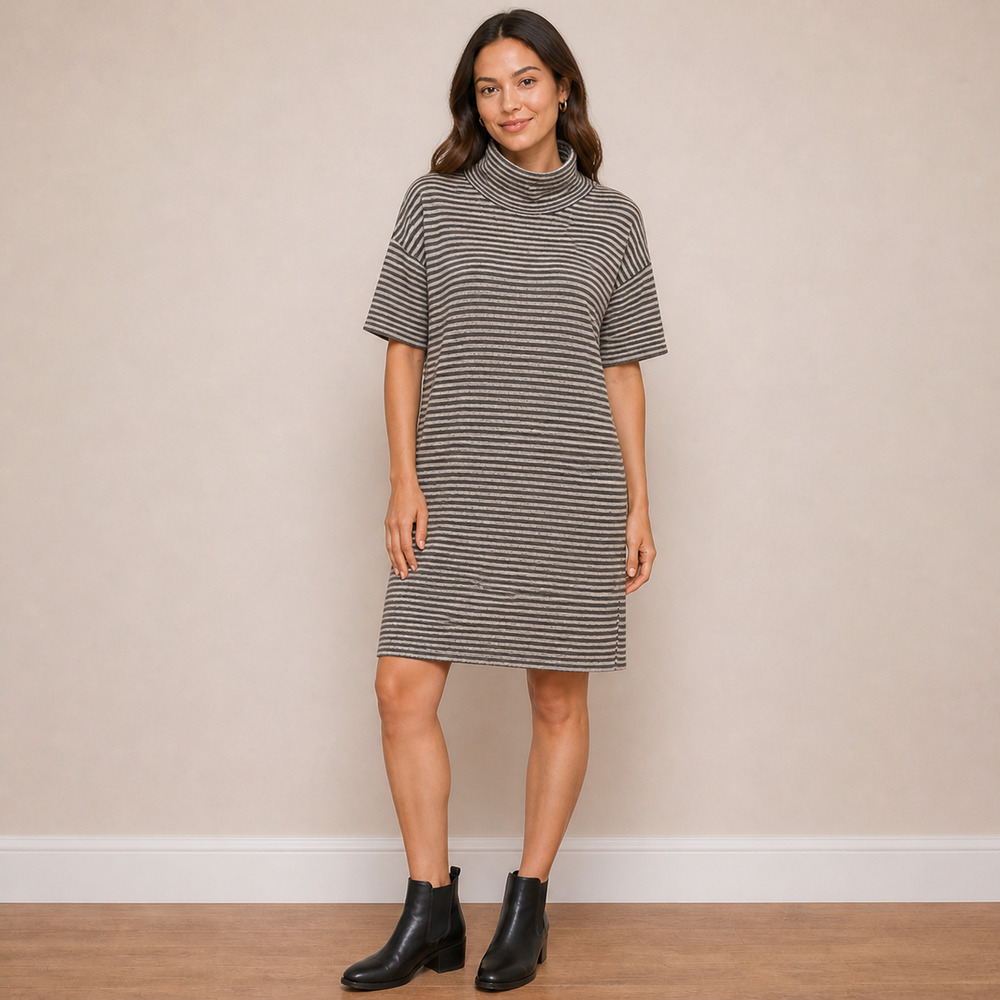 Eileen Fisher Merino Wool Striped Funnel Neck Tunic Dress Gray Size M